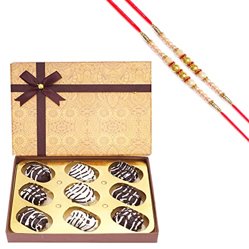 Ghasitaram Gifts Rakhi Gifts for Brothers Dryfruit - Brown Print Assorted Chocolate Coated Dates Box with 2 Pearl Rakhis von Ghasitaram Gifts