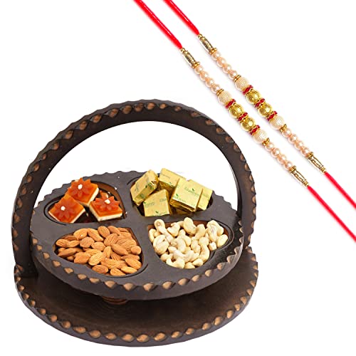 Ghasitaram Gifts Rakhi Gifts for Brothers Dryfruit - Foldable Basket of Cashews, Almonds, Mango Bites, MEWA Bites with 2 Pearl Rakhis von Ghasitaram Gifts