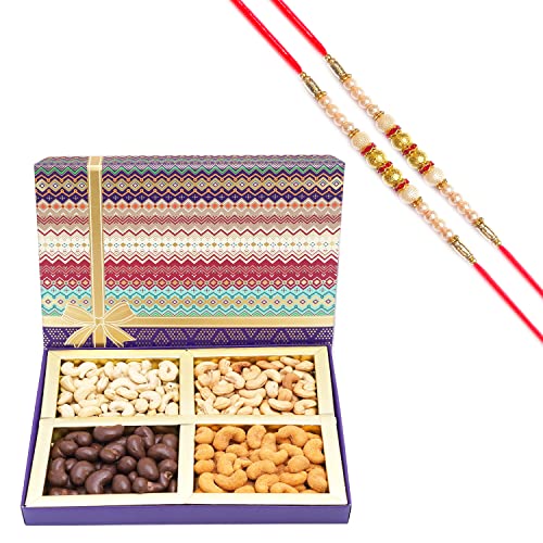 Ghasitaram Gifts Rakhi Gifts for Brothers Dryfruit - Fruit n nut Box of 4 Assorted Cashews 400 GMS with 2 Pearl Rakhis von Ghasitaram Gifts