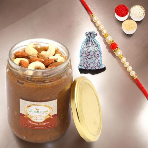 Ghasitaram Gifts Rakhi Gifts for Brothers Dryfruit Halwa in Potli with Pearl Beads Rakhi von Ghasitaram Gifts