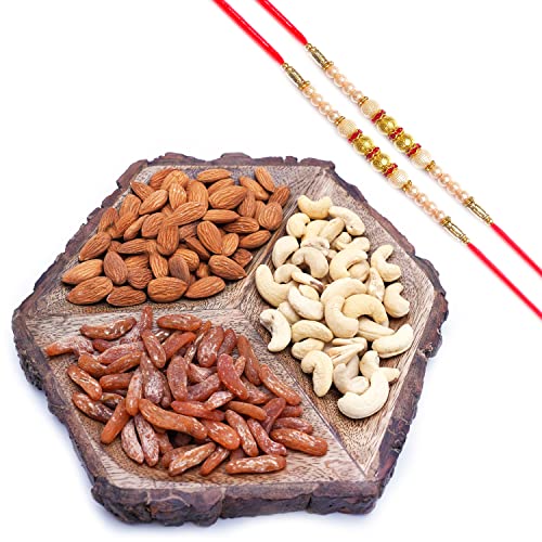 Ghasitaram Gifts Rakhi Gifts for Brothers Dryfruit - Hexagon Log Platter with Cashews Almonds and Chilly Raisins with 2 Pearl Rakhis von Ghasitaram Gifts