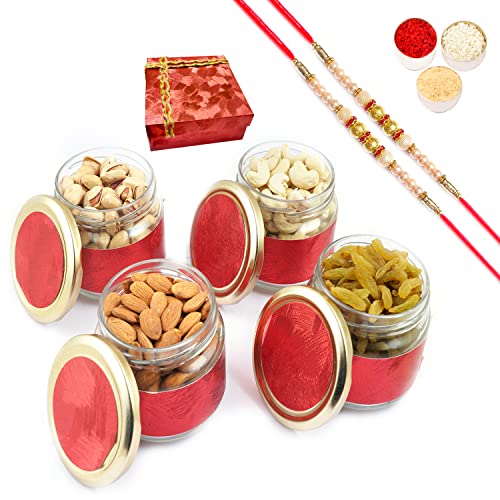 Ghasitaram Gifts Rakhi Gifts for Brothers Dryfruit - Red 4 Jars Dryfruit Box with 2 Pearl Rakhis Ghasitaram Gifts Rakhi Gifts for Brothers Dryfruit - Red 4 Jars Dryfruit Box with 2 Pearl Rakhis von Ghasitaram Gifts