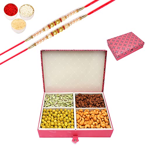 Ghasitaram Gifts Rakhi Gifts for Brothers Dryfruit - Red 4 Part Flavoured Nuts Box 1000 GMS with 2 Pearl Rakhis von Ghasitaram Gifts
