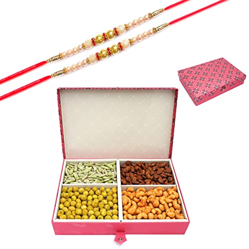 Ghasitaram Gifts Rakhi Gifts for Brothers Dryfruit - Red 4 Part Flavoured Nuts Box 600 GMS with 2 Pearl Rakhis von Ghasitaram Gifts