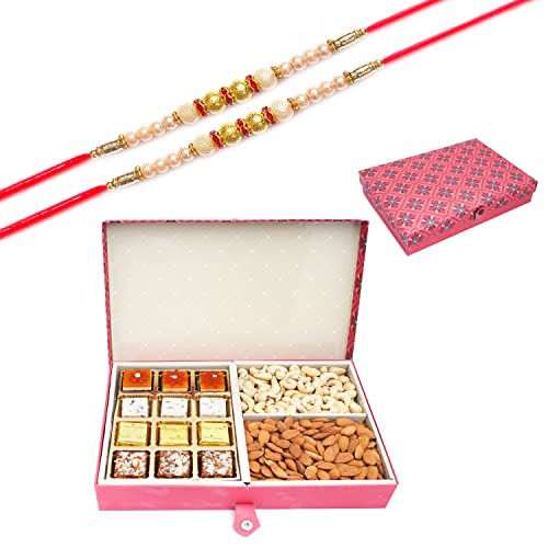 Ghasitaram Gifts Rakhi Gifts for Brothers Dryfruit - Red 4 Part of Assorted Bites, Almonds and Cashews with 2 Pearl Rakhis von Ghasitaram Gifts