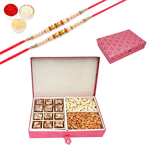 Ghasitaram Gifts Rakhi Gifts for Brothers Dryfruit - Red 4 Part of Sugarfree Bites, Almonds and Cashews with 2 Pearl Rakhis von Ghasitaram Gifts