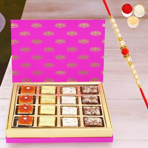 Ghasitaram Gifts Rakhi Gifts for Brothers Festive Pink Box of Assorted Bites with Pearl Beads Rakhi von Ghasitaram Gifts