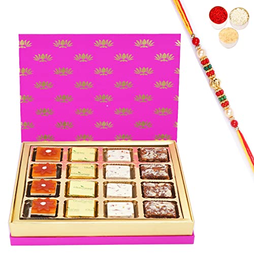 Ghasitaram Gifts Rakhi Gifts for Brothers Festive Pink Box of Assorted Bites with Pearl Beads Rakhi von Ghasitaram Gifts