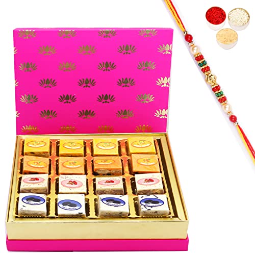 Ghasitaram Gifts Rakhi Gifts for Brothers Festive Pink Chocolate Dryfruit Bites with Pearl Beads Rakhi von Ghasitaram Gifts