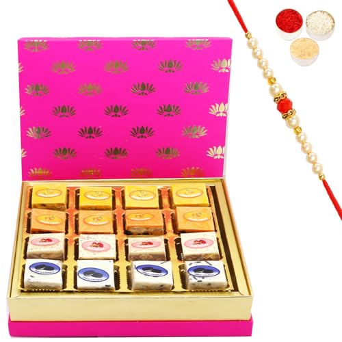 Ghasitaram Gifts Rakhi Gifts for Brothers Festive Pink Chocolate Dryfruit Bites with Pearl Beads Rakhi von Ghasitaram Gifts