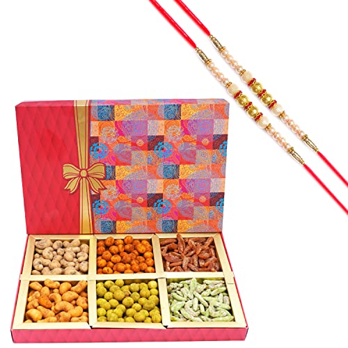 Ghasitaram Gifts Rakhi Gifts for Brothers Fruit n Nut 6 Parti Box of Crunchy Cashews,Crunchy Peanuts and Flavoured Raisins 300 GMS with 2 Pearl Rakhis von Ghasitaram Gifts