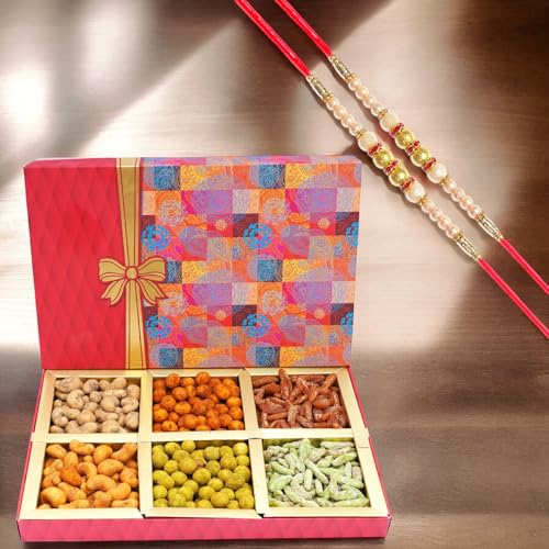 Ghasitaram Gifts Rakhi Gifts for Brothers Fruit n Nut 6 Parti Box of Crunchy Cashews,Crunchy Peanuts and Flavoured Raisins 300 GMS with 2 Pearl Rakhis von Ghasitaram Gifts