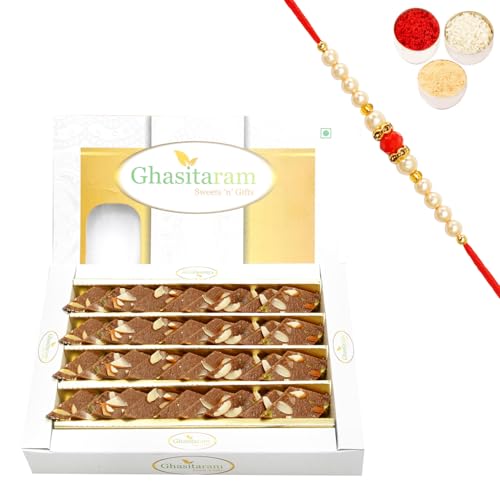 Ghasitaram Gifts Rakhi Gifts for Brothers Ghasitarams Sweets Sugarfree Chocolate Kaju Katli 400 GMS with Beads Rakhi von Ghasitaram Gifts