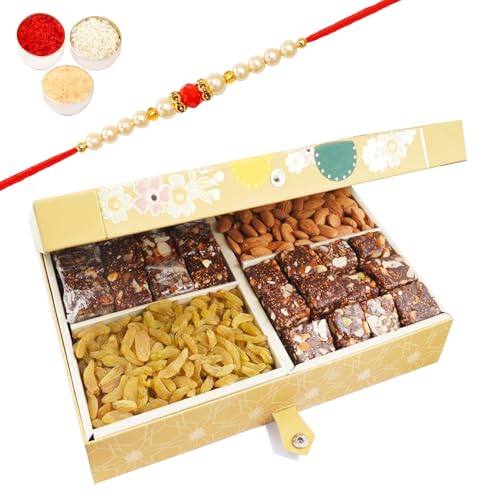 Ghasitaram Gifts Rakhi Gifts for Brothers Gold 4 Part with Almonds, Raisins, and Sugarfree Bites 600 GMS with Beads Rakhi von Ghasitaram Gifts