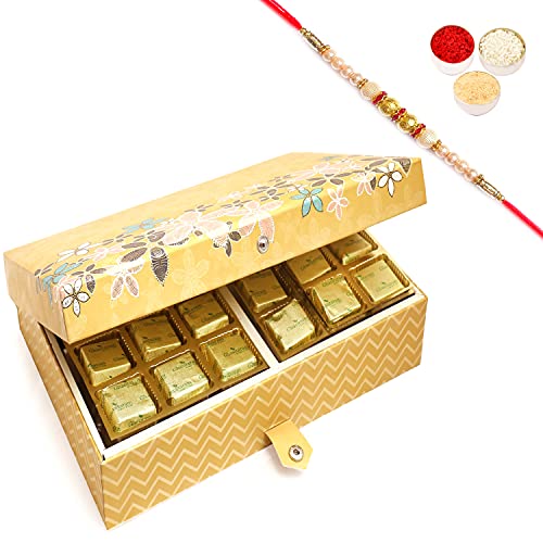 Ghasitaram Gifts Rakhi Gifts for Brothers Gold 4 Print 24 Pcs Roasted Almond Sugafree Chocolate Box with Pearl Rakhi von Ghasitaram Gifts