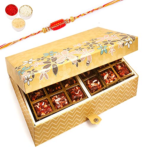 Ghasitaram Gifts Rakhi Gifts for Brothers Gold 4 Print 24 Pcs Sugarfree Dates and Figs Bites Box with Beads Rakhi von Ghasitaram Gifts