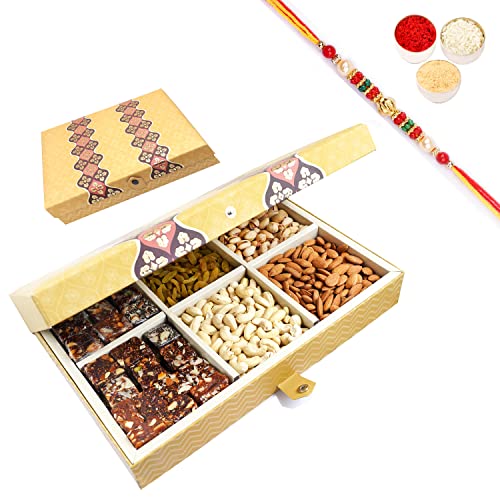 Ghasitaram Gifts Rakhi Gifts for Brothers Golden 6 Part Box with Dryfruits and Sugarfree Bites 1500 GMS with Beads Rakhi von Ghasitaram Gifts