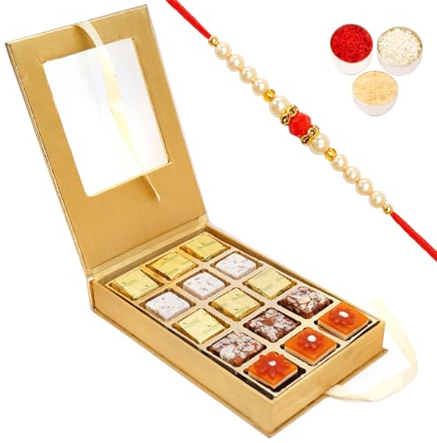 Ghasitaram Gifts Rakhi Gifts for Brothers Golden Leather Box Assorted Choco Bites with Pearl Beads Rakhi von Ghasitaram Gifts