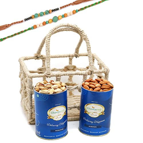 Ghasitaram Gifts Rakhi Gifts for Brothers Jute Check Basket of Almonds and Pistachios with 2 Green Beads Rakhis von Ghasitaram Gifts