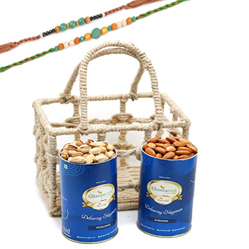 Ghasitaram Gifts Rakhi Gifts for Brothers Jute Check Basket of Almonds and Pistachios with 2 Green Beads Rakhis Ghasitaram Gifts Rakhi Gifts for Brothers Jute Check Basket of Almonds and Pistachios with 2 Green Beads Rakhis von Ghasitaram Gifts