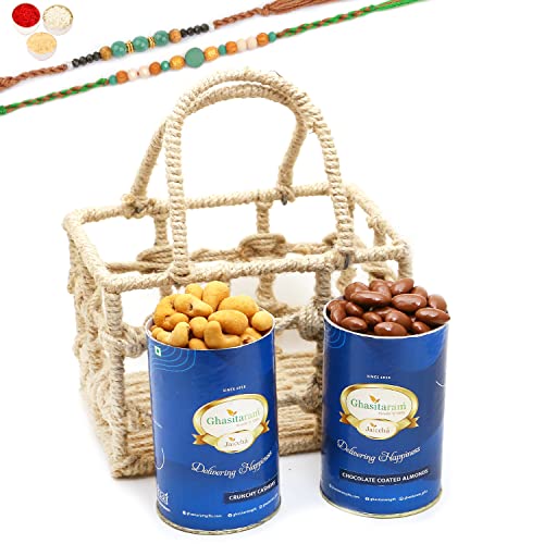 Ghasitaram Gifts Rakhi Gifts for Brothers Jute Check Basket of Chocolate Almonds and Crunchy Cashews with 2 Green Beads Rakhis von Ghasitaram Gifts