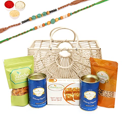 Ghasitaram Gifts Rakhi Gifts for Brothers Jute Fancy Basket/ Carry Bag/ Magazine Holder of Assorments with Besan Barfi with 2 Green Beads Rakhis von Ghasitaram Gifts