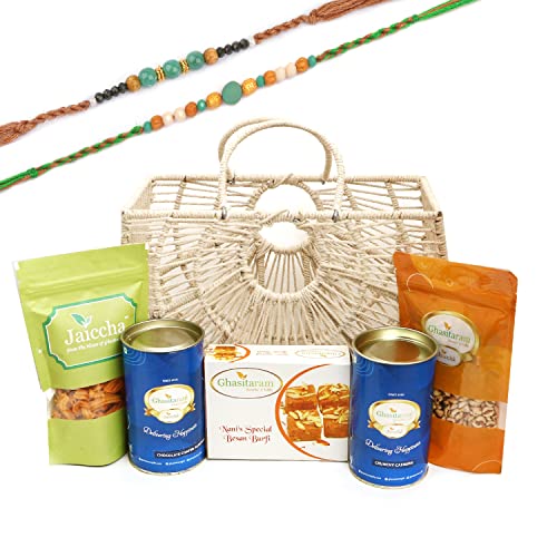 Ghasitaram Gifts Rakhi Gifts for Brothers Jute Fancy Basket/ Carry Bag/ Magazine Holder of Assorments with Besan Barfi with 2 Green Beads Rakhis von Ghasitaram Gifts