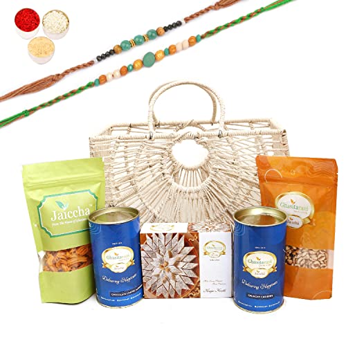 Ghasitaram Gifts Rakhi Gifts for Brothers Jute Fancy Basket/ Carry Bag/ Magazine Holder of Assorments with Kaju Katli with 2 Green Beads Rakhis Ghasitaram Gifts Rakhi Gifts for Brothers Jute Fancy Basket/ Carry Bag/ Magazine Holder of Assorments with Kaju Katli with 2 Green Beads Rakhis von Ghasitaram Gifts