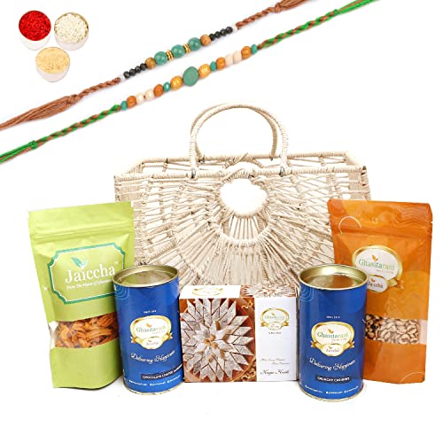 Ghasitaram Gifts Rakhi Gifts for Brothers Jute Fancy Basket/ Carry Bag/ Magazine Holder of Assorments with Kaju Katli with 2 Green Beads Rakhis von Ghasitaram Gifts
