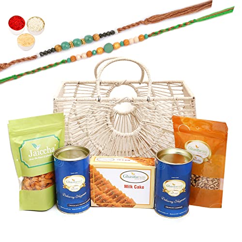 Ghasitaram Gifts Rakhi Gifts for Brothers Jute Fancy Basket/ Carry Bag/ Magazine Holder of Assorments with Milk Cake with 2 Green Beads Rakhis Ghasitaram Gifts Rakhi Gifts for Brothers Jute Fancy Basket/ Carry Bag/ Magazine Holder of Assorments with Milk Cake with 2 Green Beads Rakhis von Ghasitaram Gifts