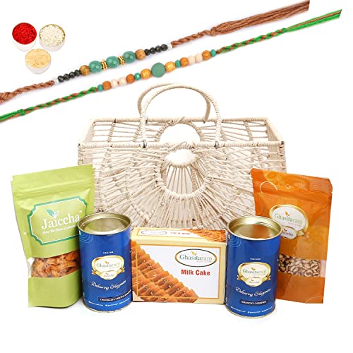 Ghasitaram Gifts Rakhi Gifts for Brothers Jute Fancy Basket/ Carry Bag/ Magazine Holder of Assorments with Milk Cake with 2 Green Beads Rakhis von Ghasitaram Gifts