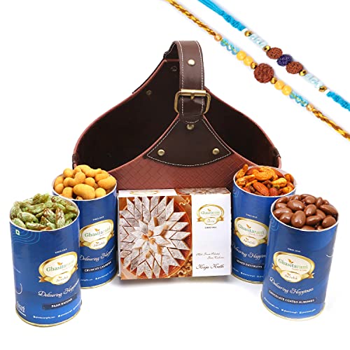 Ghasitaram Gifts Rakhi Gifts for Brothers Leather Buckle Basket Big of 4 Cans and Kaju Katli with 2 Blue Rudraksh Rakhis von Ghasitaram Gifts