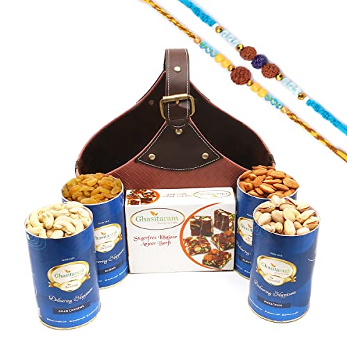 Ghasitaram Gifts Rakhi Gifts for Brothers Leather Buckle Basket Big of 4 Cans and Sugarfree Bites with 2 Blue Rudraksh Rakhis Ghasitaram Gifts Rakhi Gifts for Brothers Leather Buckle Basket Big of 4 Cans and Sugarfree Bites with 2 Blue Rudraksh Rakhis von Ghasitaram Gifts