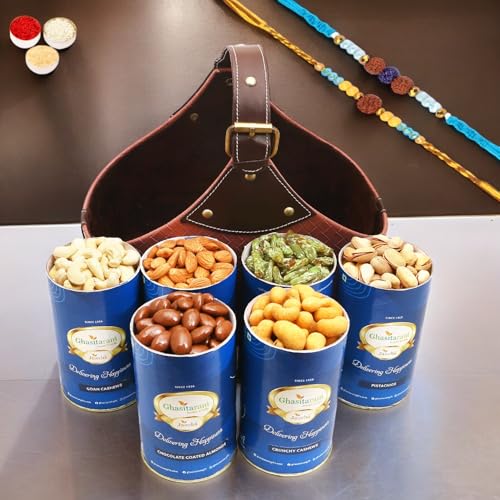Ghasitaram Gifts Rakhi Gifts for Brothers Leather Buckle Basket Big of 6 Cans with 2 Blue Rudraksh Rakhis Ghasitaram Gifts Rakhi Gifts for Brothers Leather Buckle Basket Big of 6 Cans with 2 Blue Rudraksh Rakhis von Ghasitaram Gifts