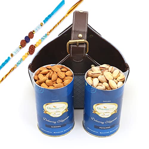 Ghasitaram Gifts Rakhi Gifts for Brothers Leather Buckle Basket Small of Almonds and Pistachios with 2 Blue Rudraksh Rakhis von Ghasitaram Gifts