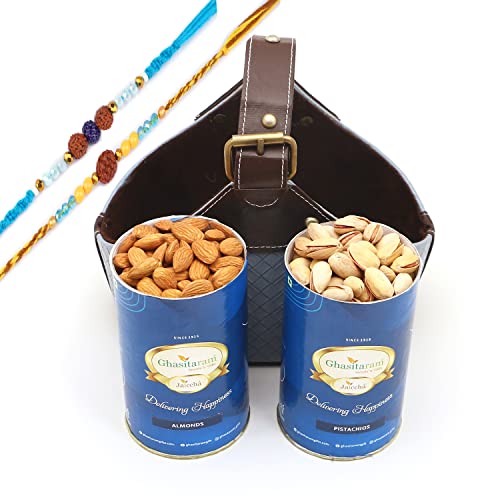 Ghasitaram Gifts Rakhi Gifts for Brothers Leather Buckle Basket Small of Almonds and Pistachios with 2 Blue Rudraksh Rakhis Ghasitaram Gifts Rakhi Gifts for Brothers Leather Buckle Basket Small of Almonds and Pistachios with 2 Blue Rudraksh Rakhis von Ghasitaram Gifts