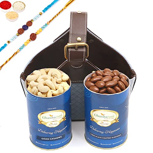 Ghasitaram Gifts Rakhi Gifts for Brothers Leather Buckle Basket Small of Cashews and Chocolate Almonds with 2 Blue Rudraksh Rakhis von Ghasitaram Gifts