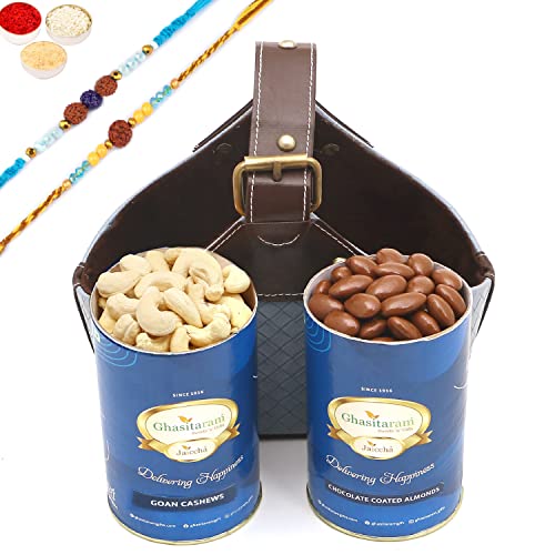 Ghasitaram Gifts Rakhi Gifts for Brothers Leather Buckle Basket Small of Cashews and Chocolate Almonds with 2 Blue Rudraksh Rakhis Ghasitaram Gifts Rakhi Gifts for Brothers Leather Buckle Basket Small of Cashews and Chocolate Almonds with 2 Blue Rudraksh Rakhis von Ghasitaram Gifts