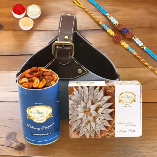 Ghasitaram Gifts Rakhi Gifts for Brothers Leather Buckle Basket Small of Mixed Dryfruits and Kaju Katli with 2 Blue Rudraksh Rakhis von Ghasitaram Gifts