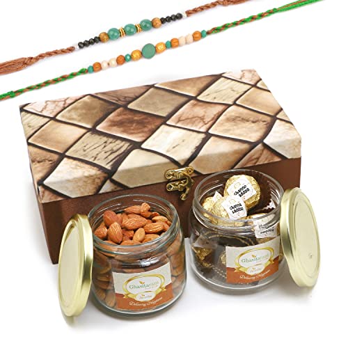 Ghasitaram Gifts Rakhi Gifts for Brothers Miracle Box of 2 Jars of Channa Laddoo and Almonds with 2 Green Beads Rakhis von Ghasitaram Gifts