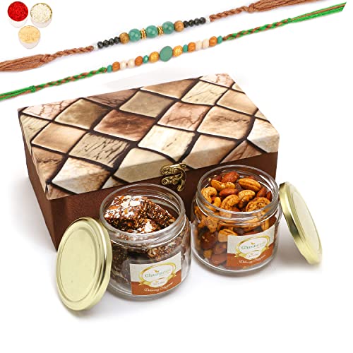 Ghasitaram Gifts Rakhi Gifts for Brothers Miracle Box of 2 Jars of Sugarfree Bites and Mix Dryfruits with 2 Green Beads Rakhis von Ghasitaram Gifts