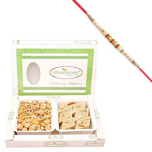 Ghasitaram Gifts Rakhi Gifts for Brothers Multigrain Mix Namkeen and Sugarfree Kaju Katli Hamper with Pearl Rakhi von Ghasitaram Gifts