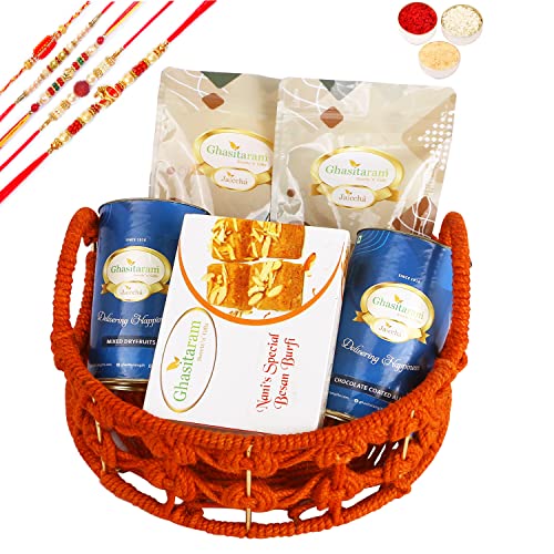 Ghasitaram Gifts Rakhi Gifts for Brothers Orange Jute Basket of assortments with Besan Barfi with 5 rakhis von Ghasitaram Gifts