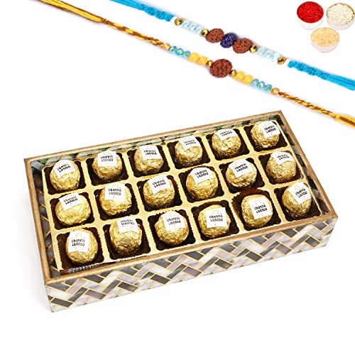 Ghasitaram Gifts Rakhi Gifts for Brothers Printed Blue Tray of Channa Laddoos with 2 Blue Rudraksh Rakhis von Ghasitaram Gifts