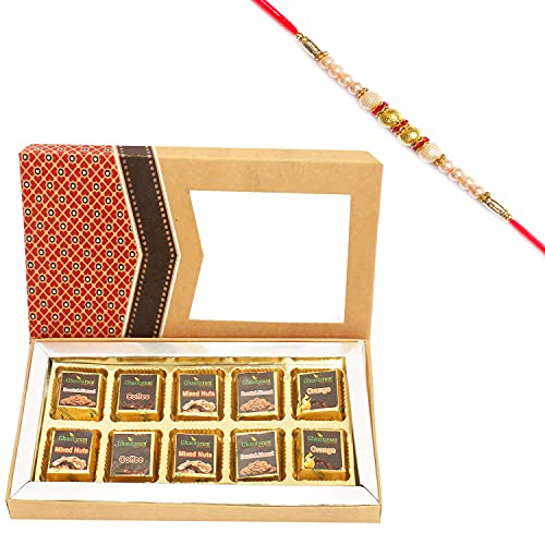 Ghasitaram Gifts Rakhi Gifts for Brothers Rakhi Chocolate 10 pcs Assorted Chocolates Kraft Box with Pearl Rakhi von Ghasitaram Gifts