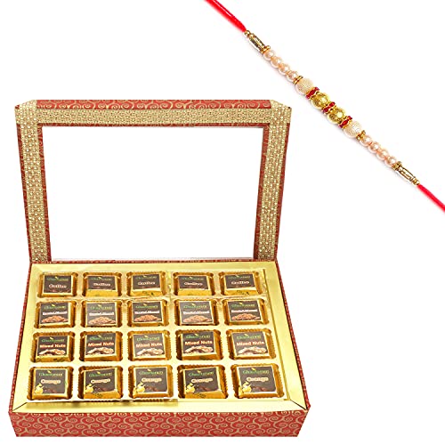 Ghasitaram Gifts Rakhi Gifts for Brothers Rakhi Chocolate 20 pcs Assorted Chocolates Hamper Box with Pearl Rakhi von Ghasitaram Gifts