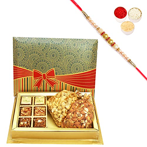 Ghasitaram Gifts Rakhi Gifts for Brothers Rakhi Chocolate 6 Pcs Assorted Choco Dryfruit Bites ,Almonds, Cashews Pouches in Fancy Gift Box with Pearl Rakhi von Ghasitaram Gifts