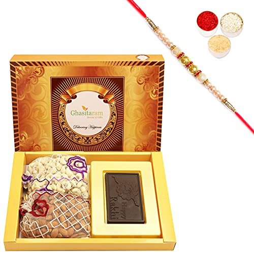 Ghasitaram Gifts Rakhi Gifts for Brothers Rakhi Chocolate Big Box of Happy Rakhi Chocolate, Almonds and Cashews Pouch with Pearl Rakhi von Ghasitaram Gifts