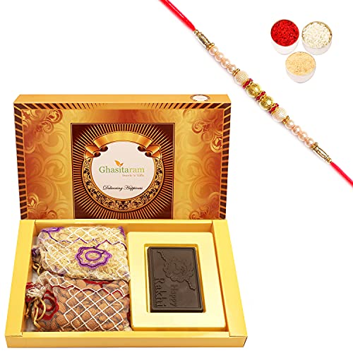 Ghasitaram Gifts Rakhi Gifts for Brothers Rakhi Chocolate Big Box of Happy Rakhi Chocolate, Almonds and Namkeen Pouch with Pearl Rakhi von Ghasitaram Gifts
