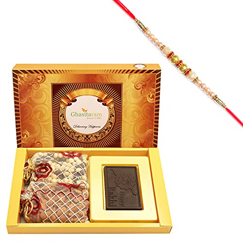 Ghasitaram Gifts Rakhi Gifts for Brothers Rakhi Chocolate Big Box of Happy Rakhi Chocolate, Almonds and NuttiesPouch with Pearl Rakhi von Ghasitaram Gifts
